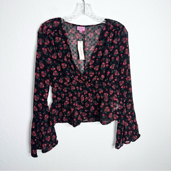 Francesca’s Top Women Medium Blouse Roses Flare Bell Sleeve Floral Sheer O - Picture 1 of 10